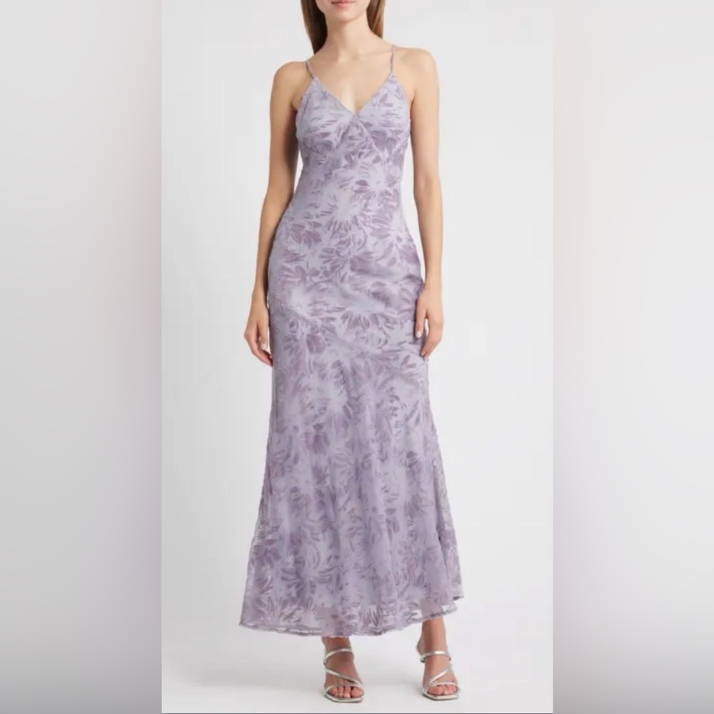 Rare London Lavender Burnout Floral Maxi Dress Spaghetti Strap Bias Cut Size 4